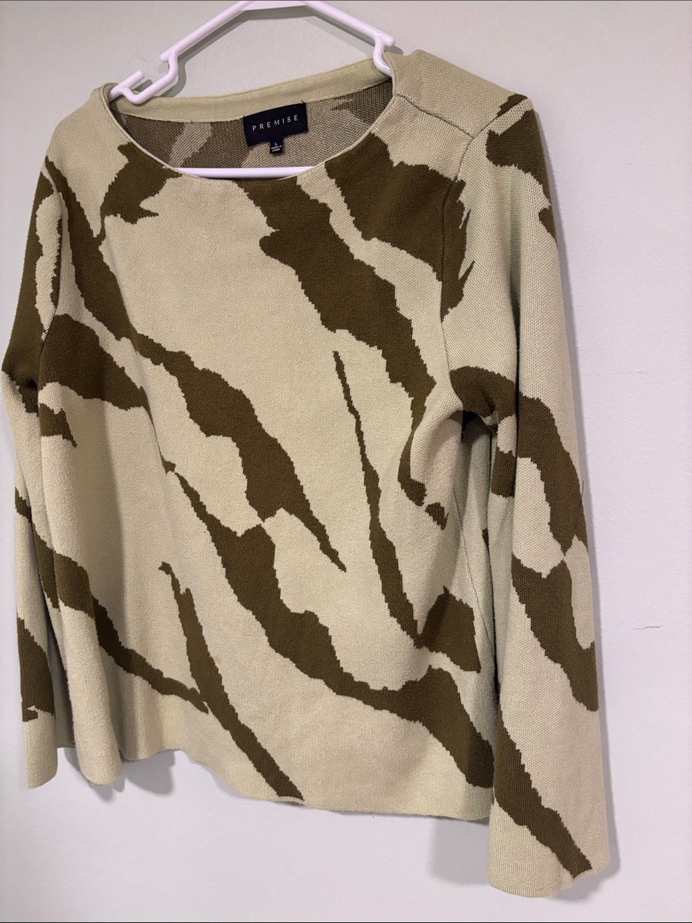 Premise Olive & Khaki Abstract Crewneck Sweater with Wide Flowing Sleeves, Soft